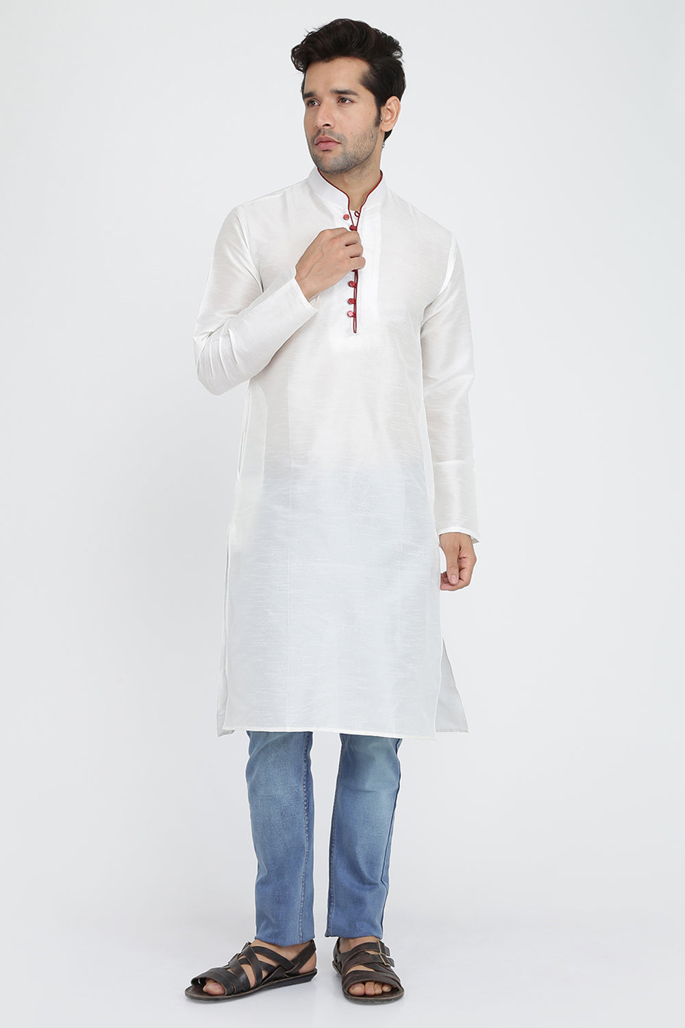 Mens Raw Silk Kurta With Loop Buttons