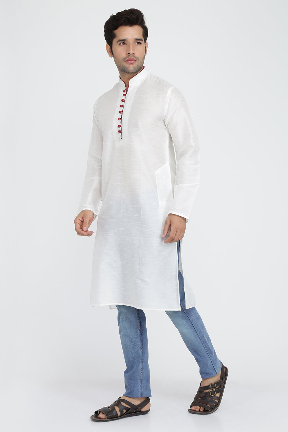 Mens Raw Silk Kurta With Loop Buttons