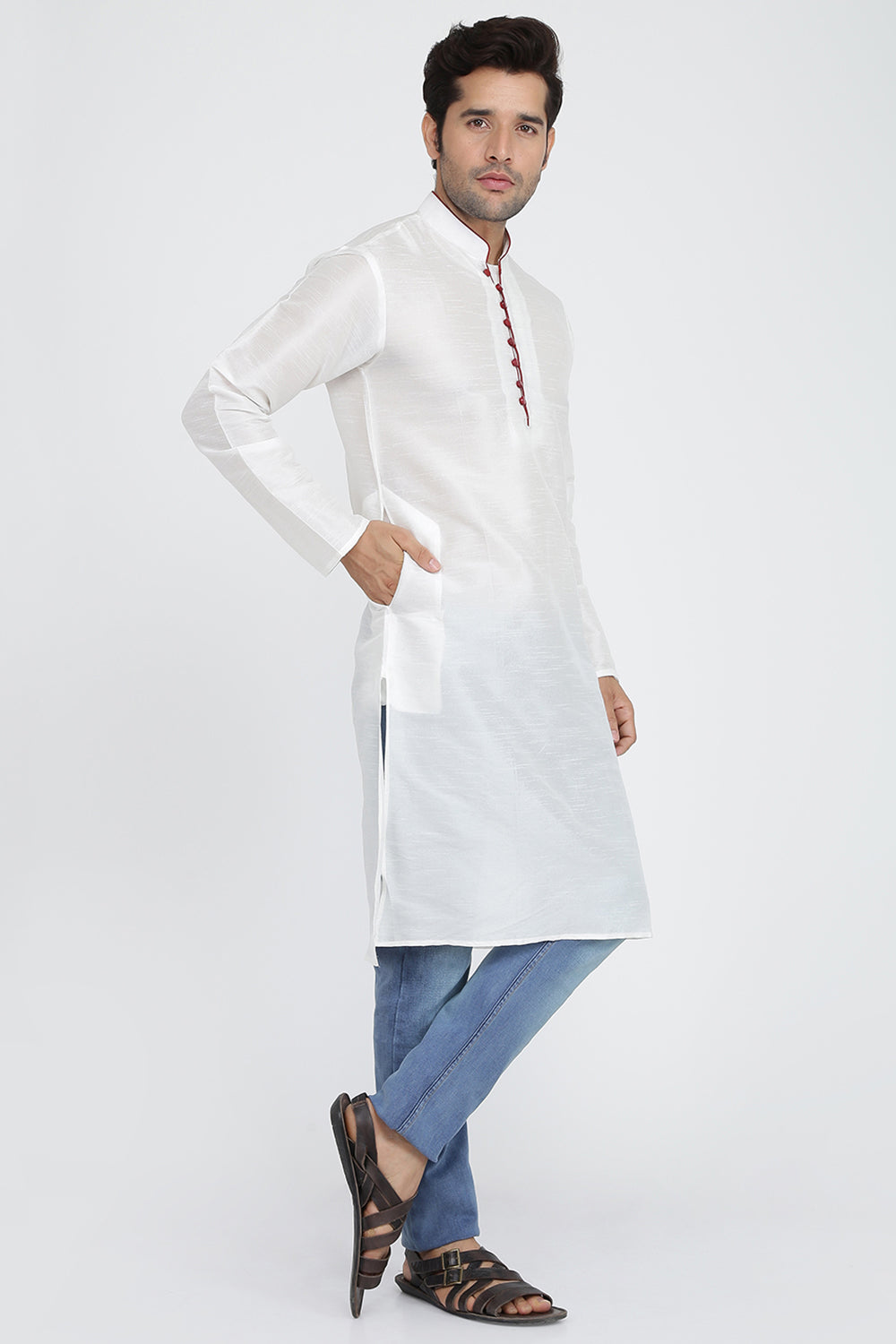 Mens Raw Silk Kurta With Loop Buttons