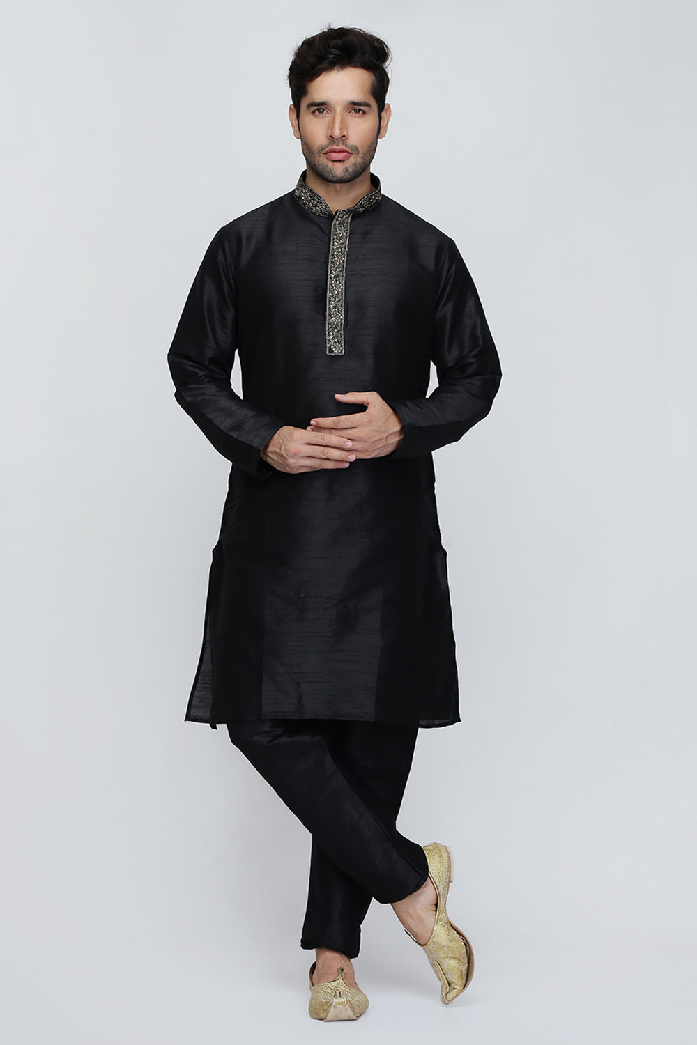 Mens Raw Silk Embroidered Kurta Pyjama Set