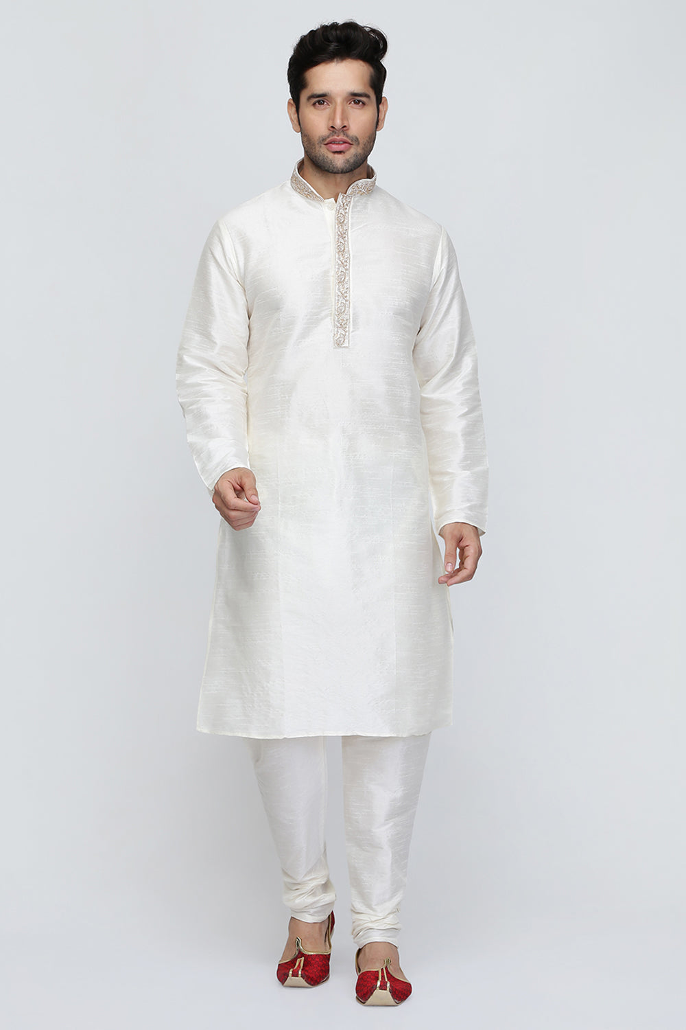 Mens Raw Silk Embroidered Kurta Pyjama Set