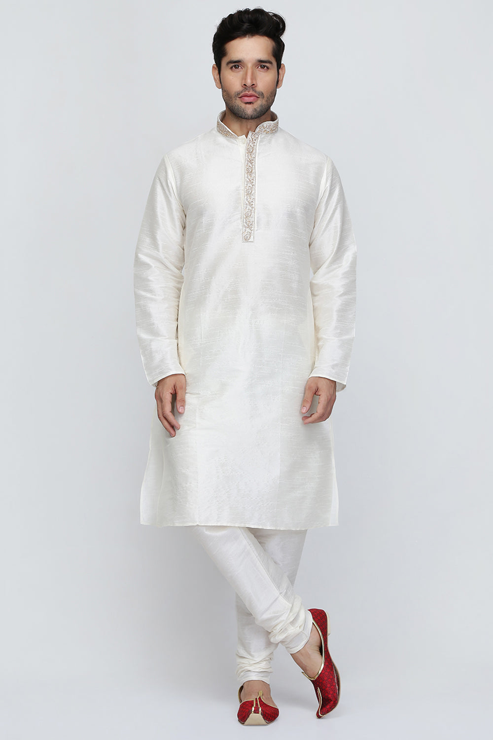 Mens Raw Silk Embroidered Kurta Pyjama Set