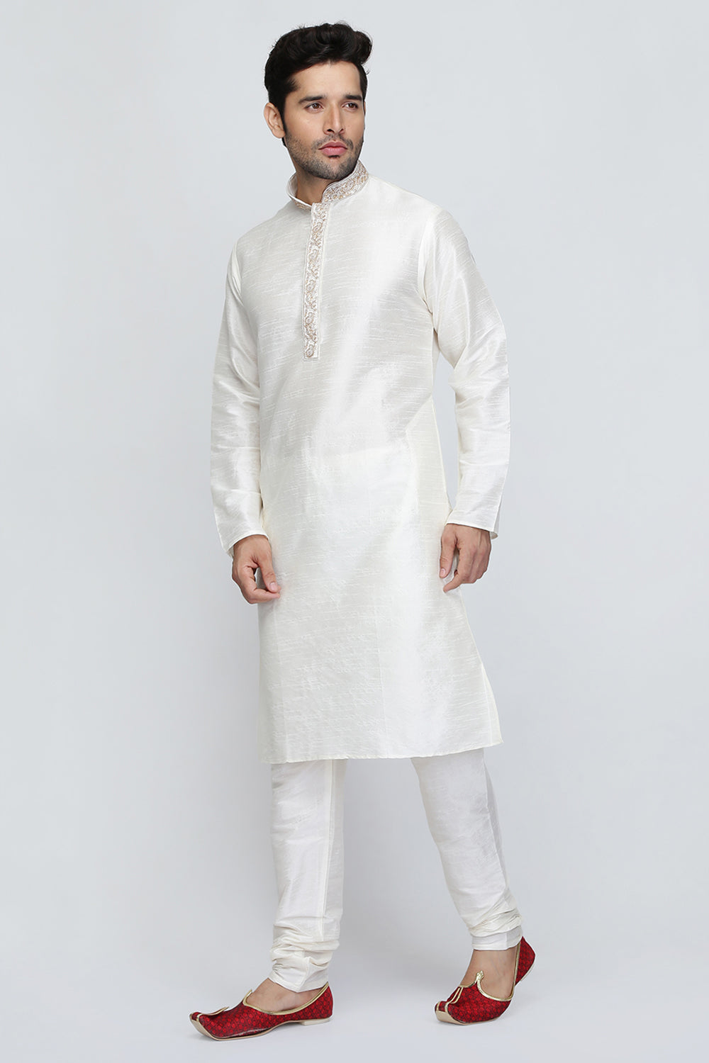 Mens Raw Silk Embroidered Kurta Pyjama Set