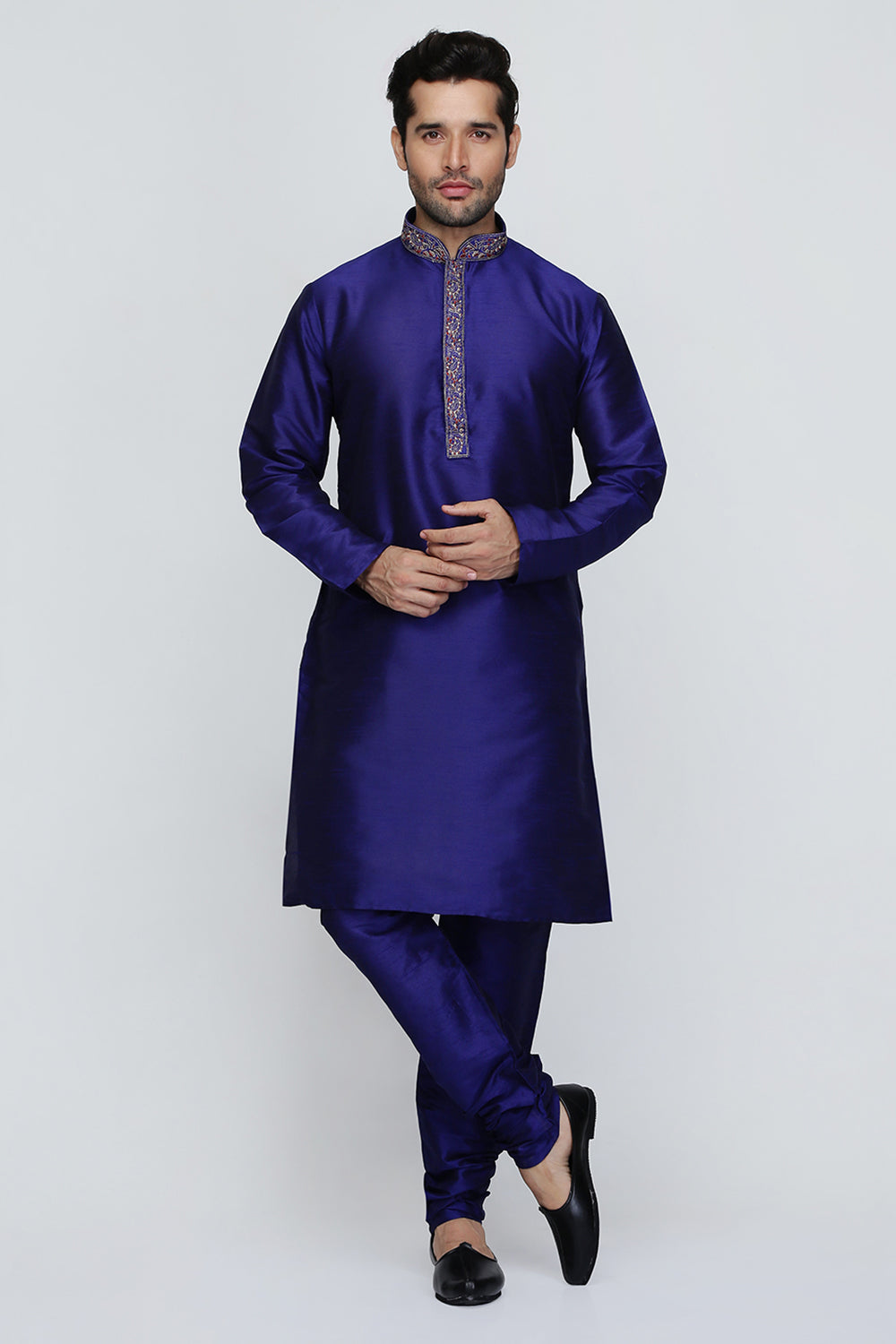 Mens Raw Silk Embroidered Kurta Pyjama Set