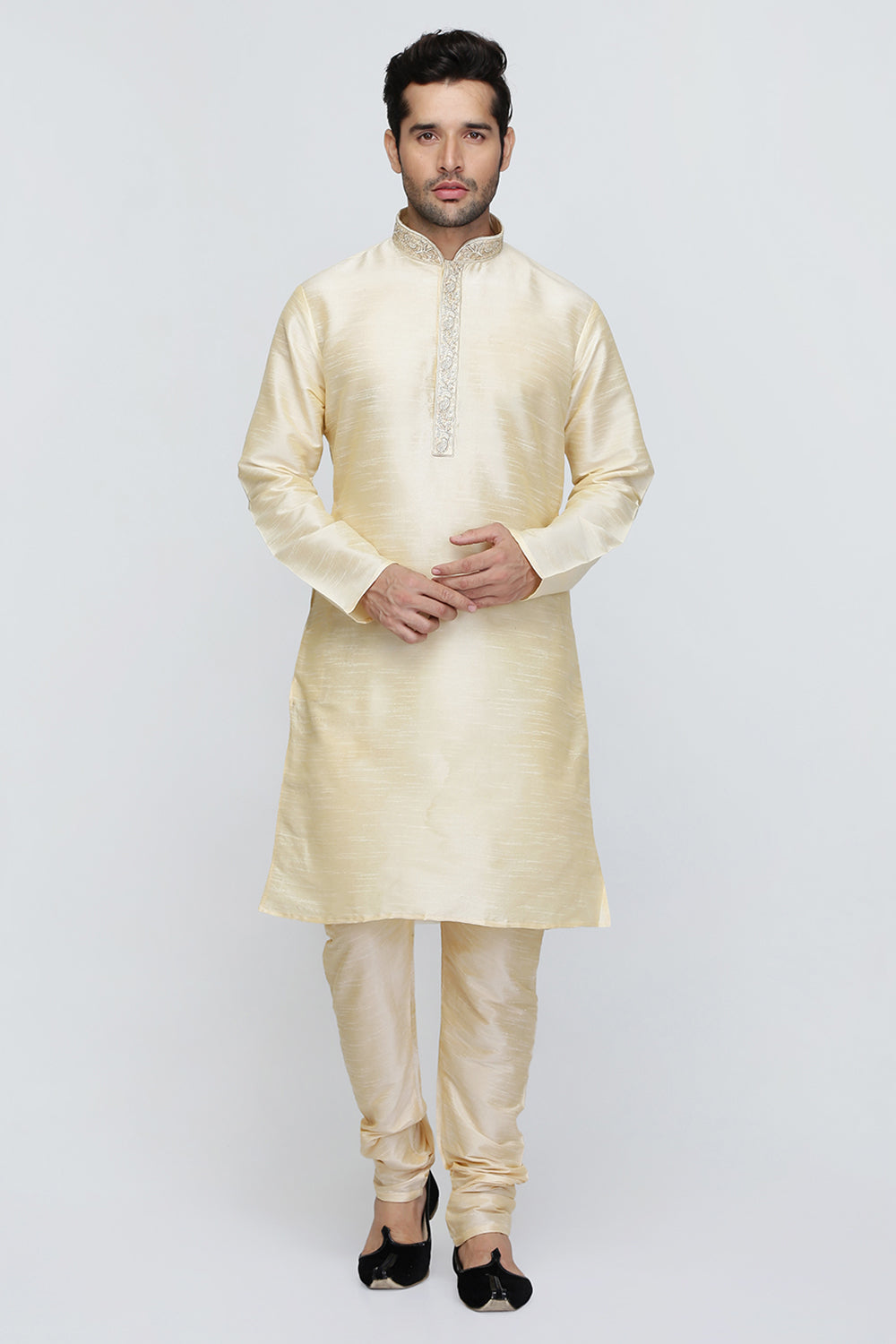 Mens Raw Silk Embroidered Kurta Pyjama Set