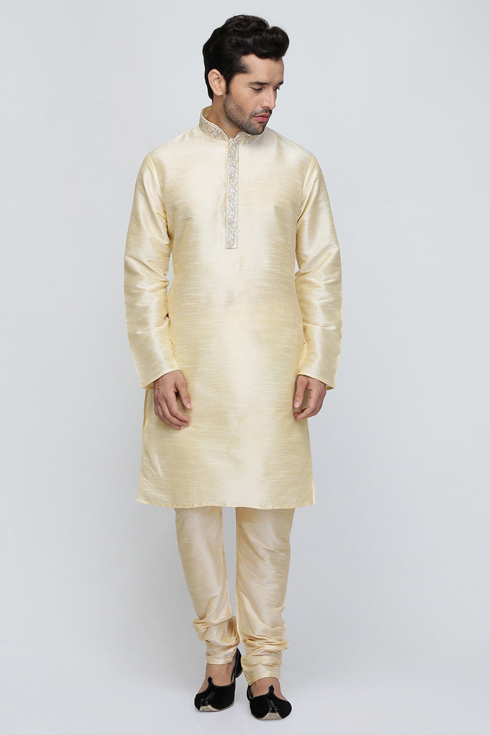 Mens Raw Silk Embroidered Kurta Pyjama Set