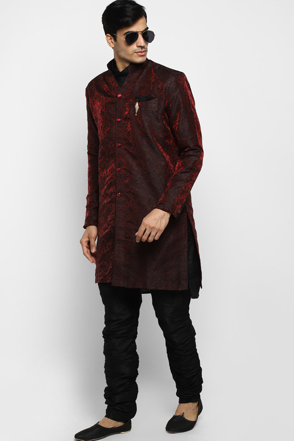 Mens Self Textured Indowestern With Pajamas