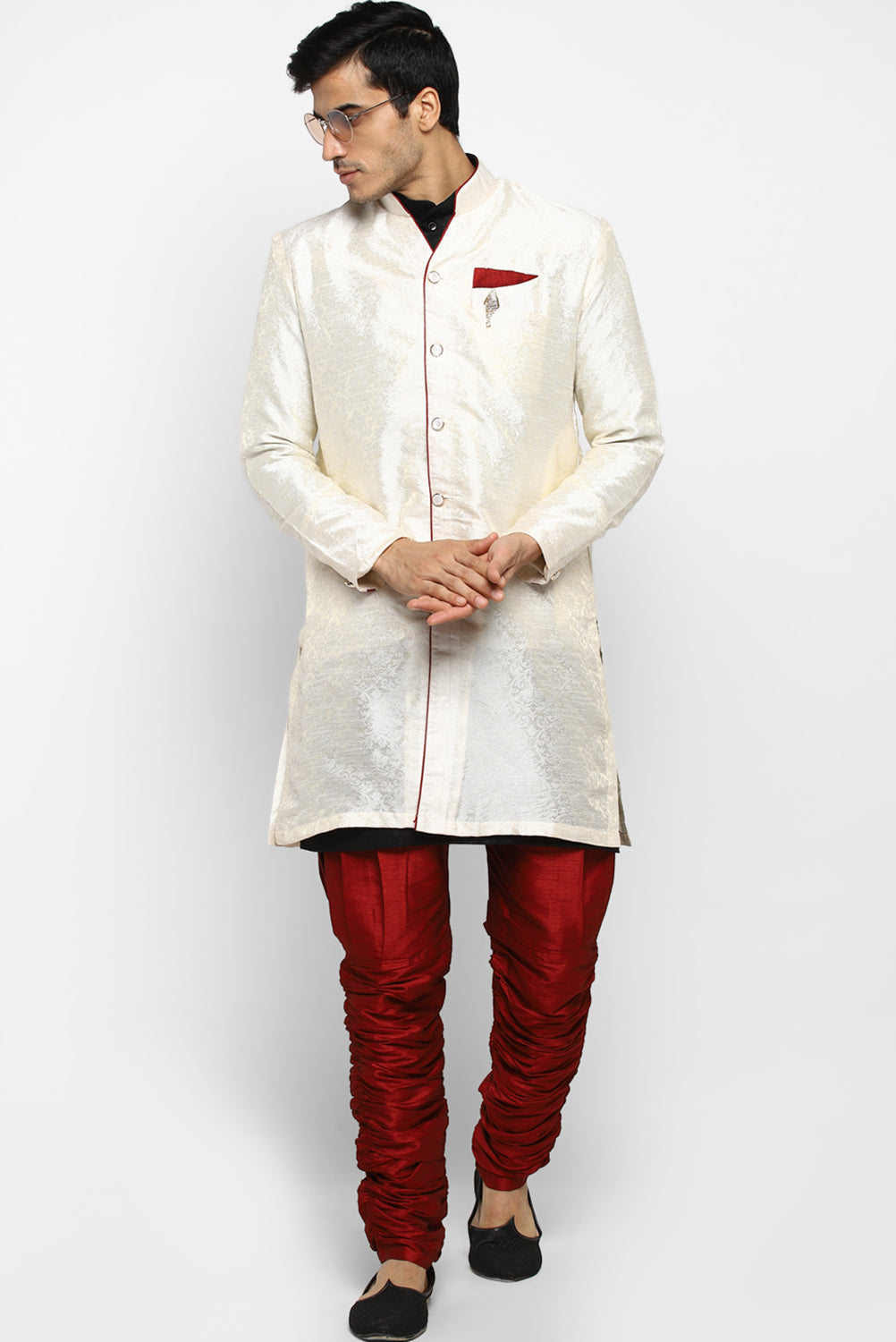 Mens Self Textured Indowestern With Pajamas