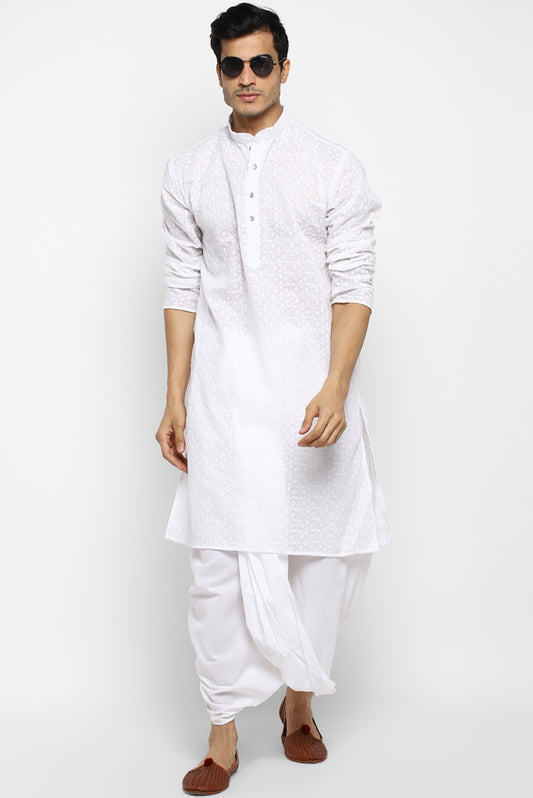 Mens Embroidered Cotton Dhoti Kurta Set