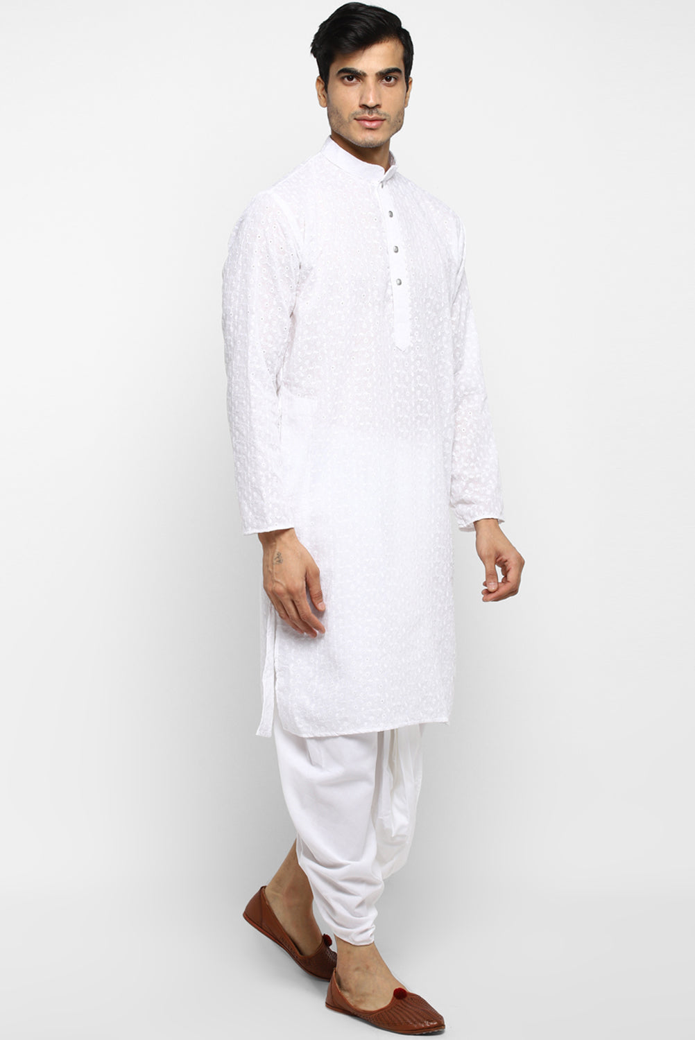 Mens Embroidered Cotton Dhoti Kurta Set