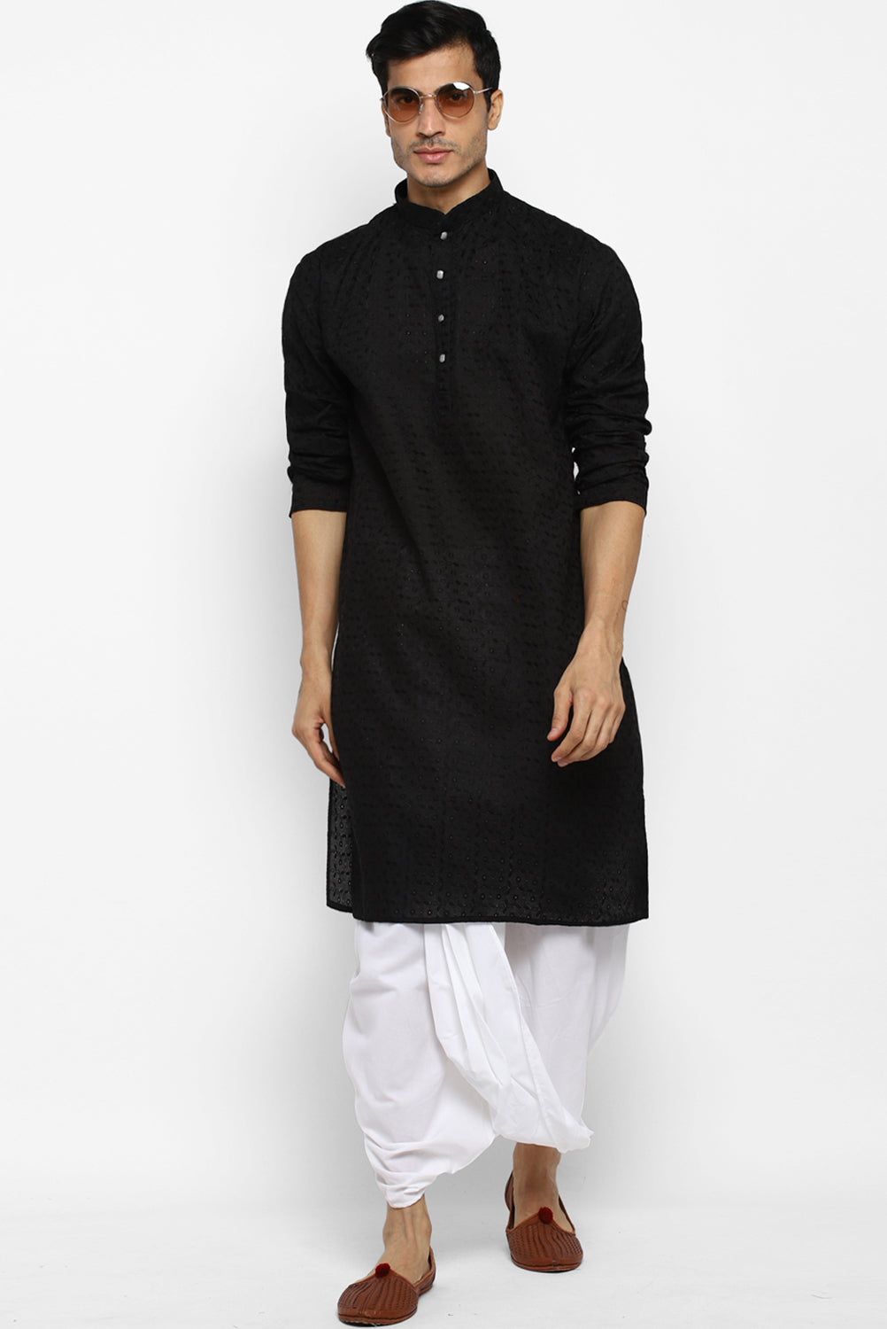 Mens Embroidered Cotton Dhoti Kurta Set