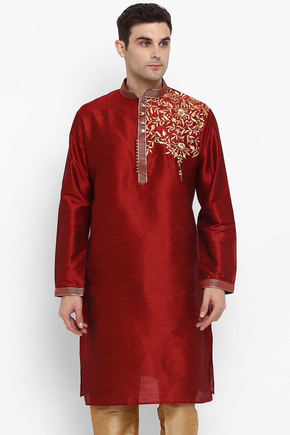 Mens Raw Silk Embroidered Kurta Pyjama Set