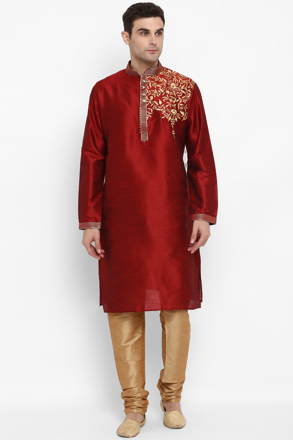 Mens Raw Silk Embroidered Kurta Pyjama Set