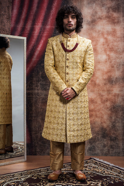 Raw Silk Thread Embroidered Sherwani And Churidar Set