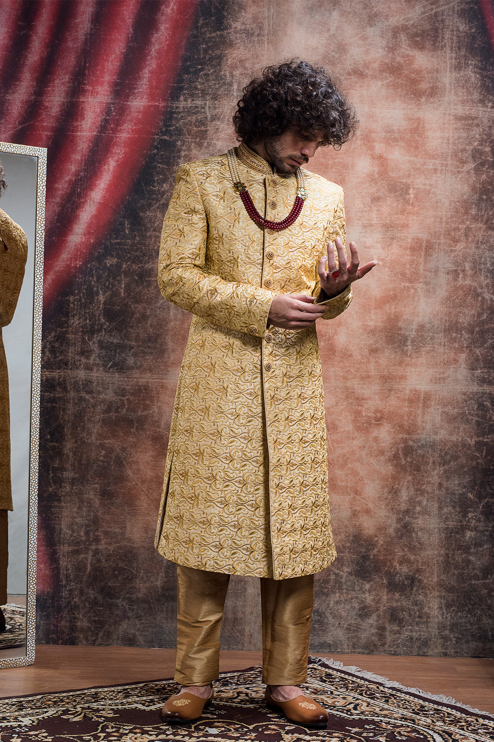 Raw Silk Thread Embroidered Sherwani And Churidar Set