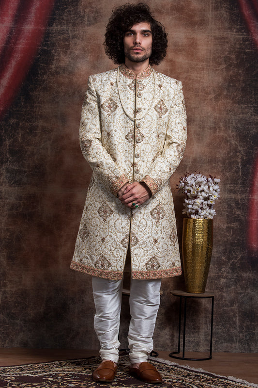 Ivory Sherwani With Gold And Peach Hints
