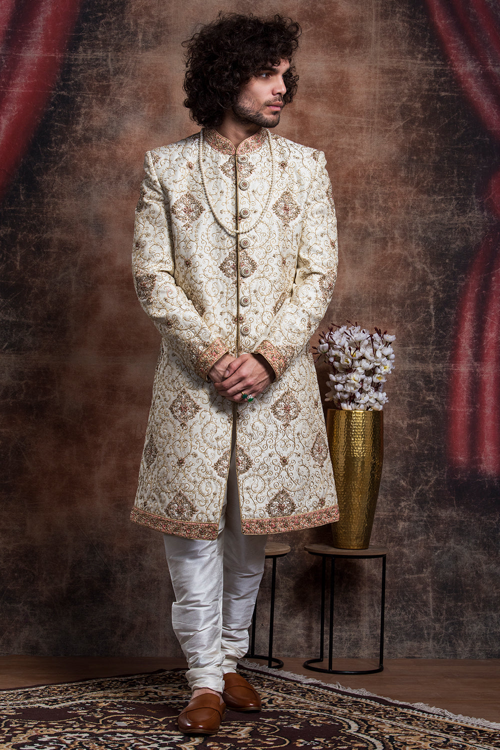 Ivory Sherwani With Gold And Peach Hints