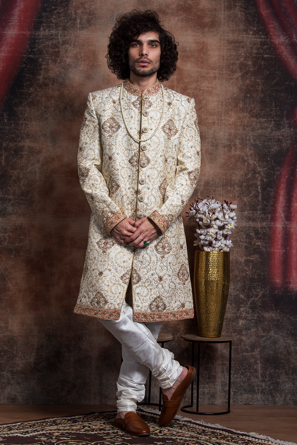 Ivory Sherwani With Gold And Peach Hints