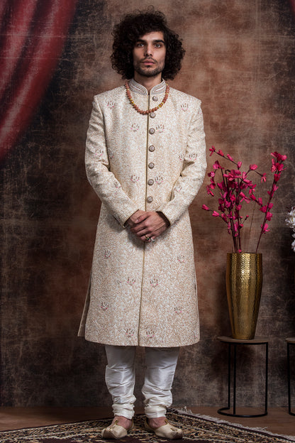 Ivory Dori Work Sherwani And Churidar Set