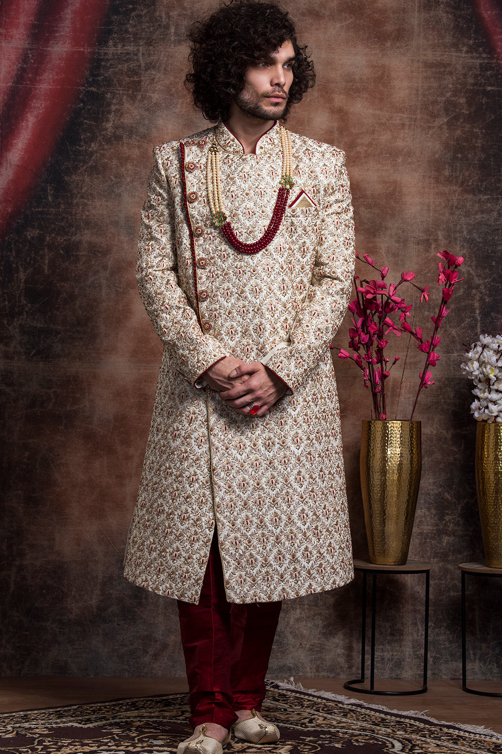 Ivory Asymettric Sherwani With Maroon Hints