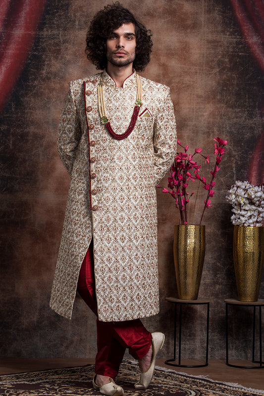 Ivory Asymettric Sherwani With Maroon Hints