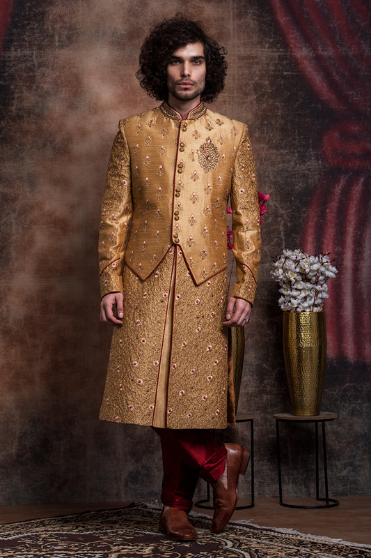 Dark Gold Embroidered Jacket Styled Sherwani Set