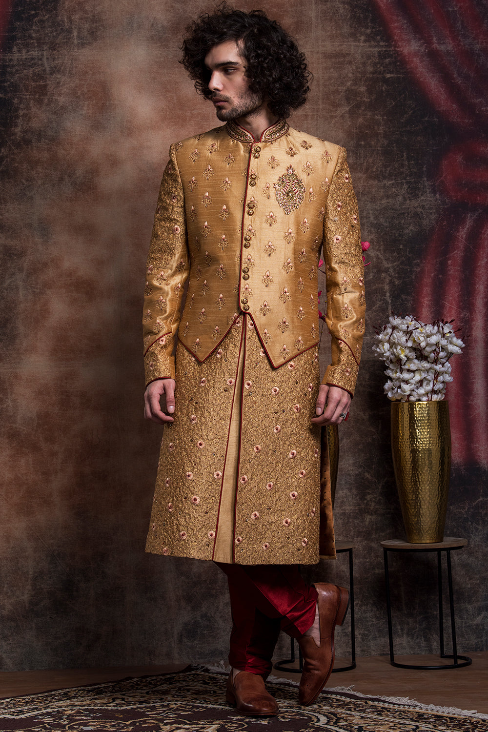 Dark Gold Embroidered Jacket Styled Sherwani Set