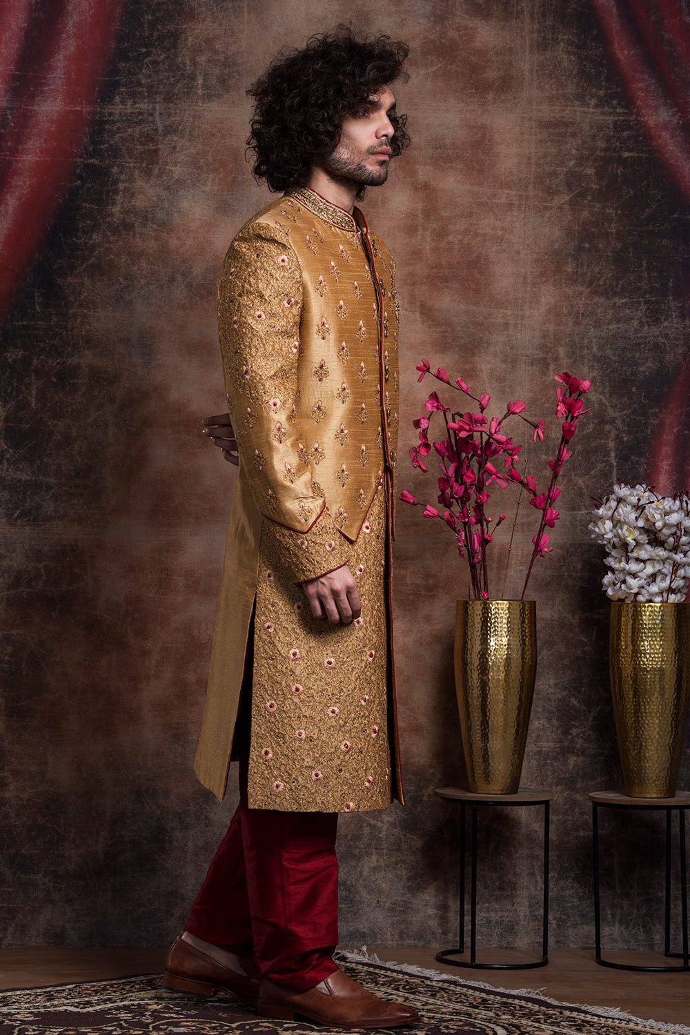 Dark Gold Embroidered Jacket Styled Sherwani Set