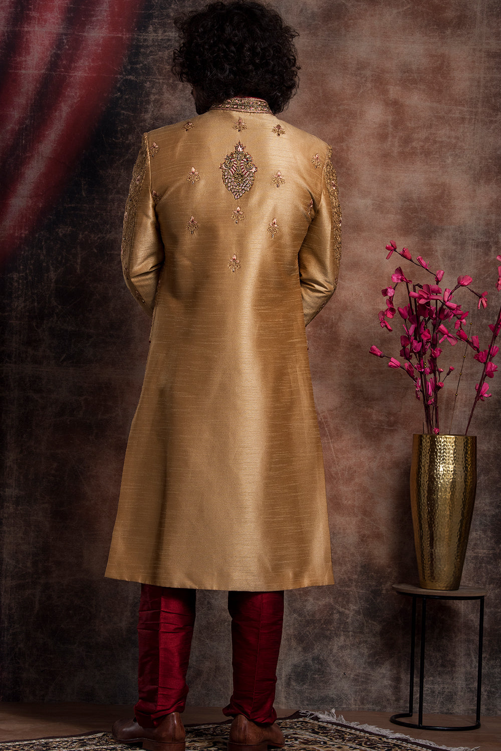 Dark Gold Embroidered Jacket Styled Sherwani Set