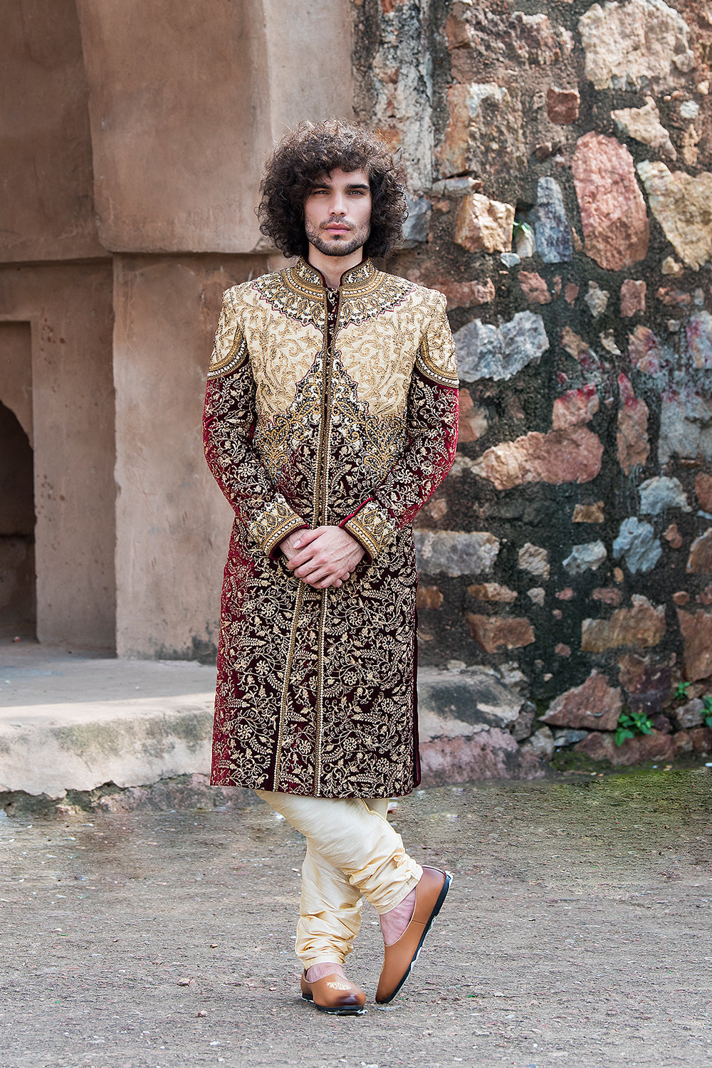 Maroon Velvet Sherwani With Swarovski Work