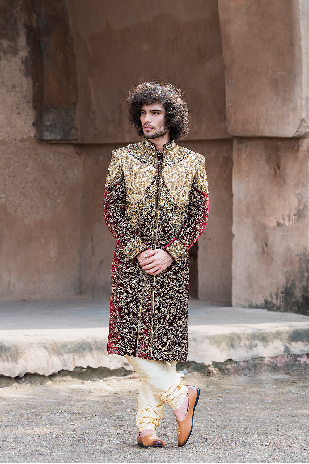 Maroon Velvet Sherwani With Swarovski Work