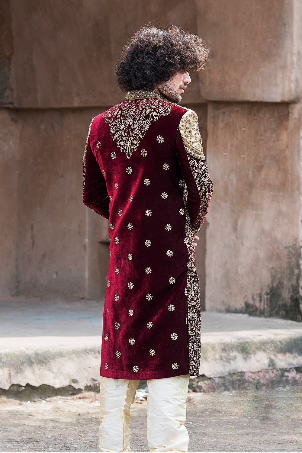 Maroon Velvet Sherwani With Swarovski Work