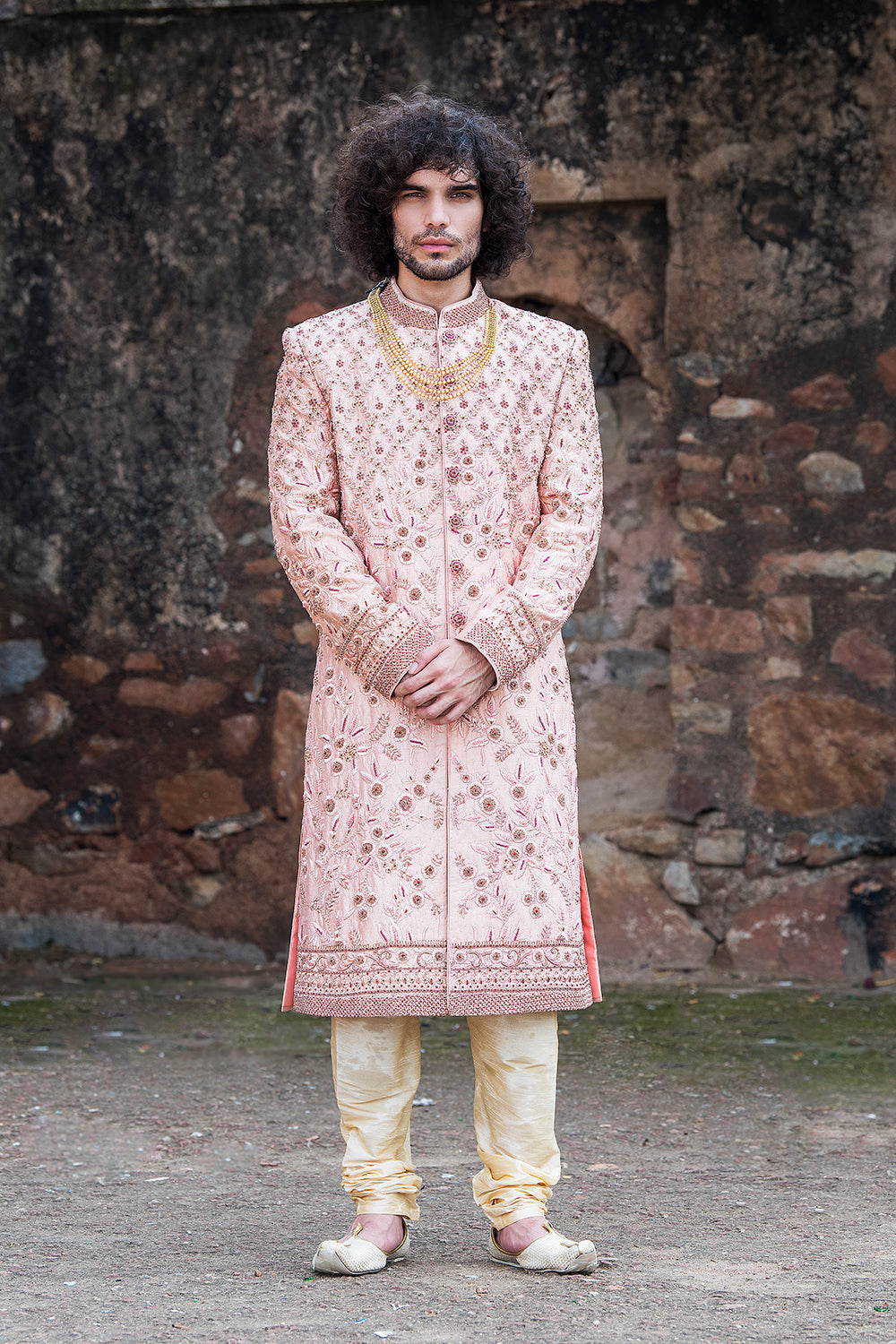 Peachish Pink Hand Embroidered Sherwani And Churidars