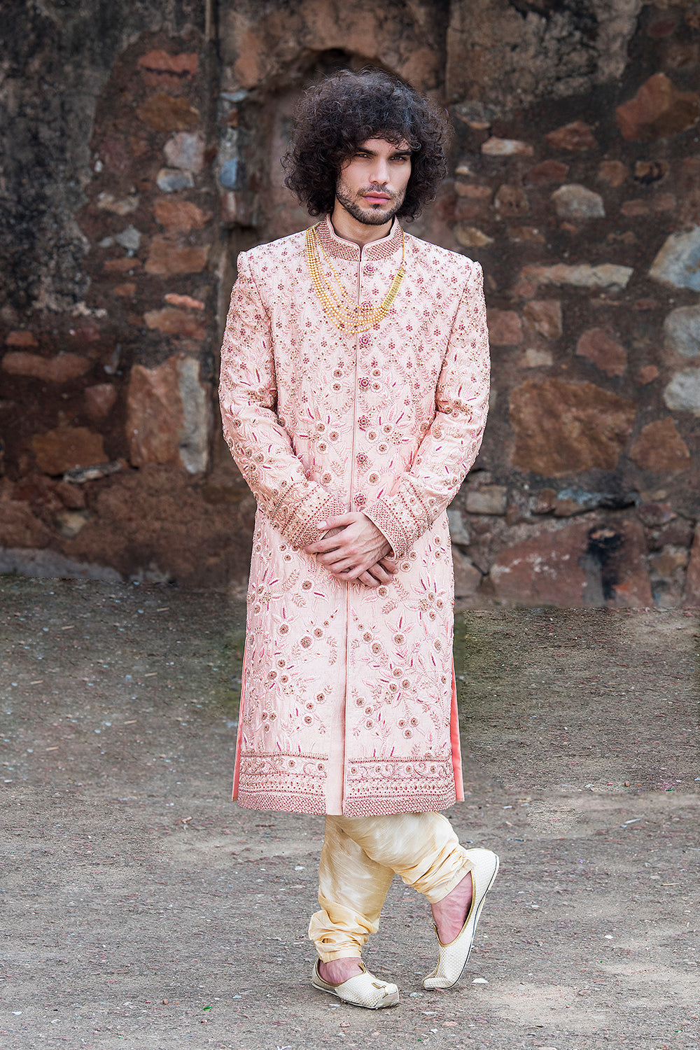 Peachish Pink Hand Embroidered Sherwani And Churidars