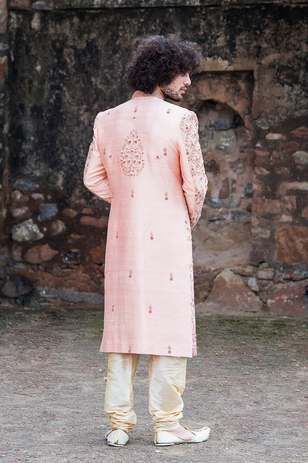 Peachish Pink Hand Embroidered Sherwani And Churidars