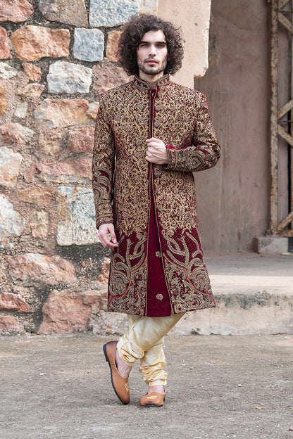 Maroon Velvet Sherwani With Aari Work