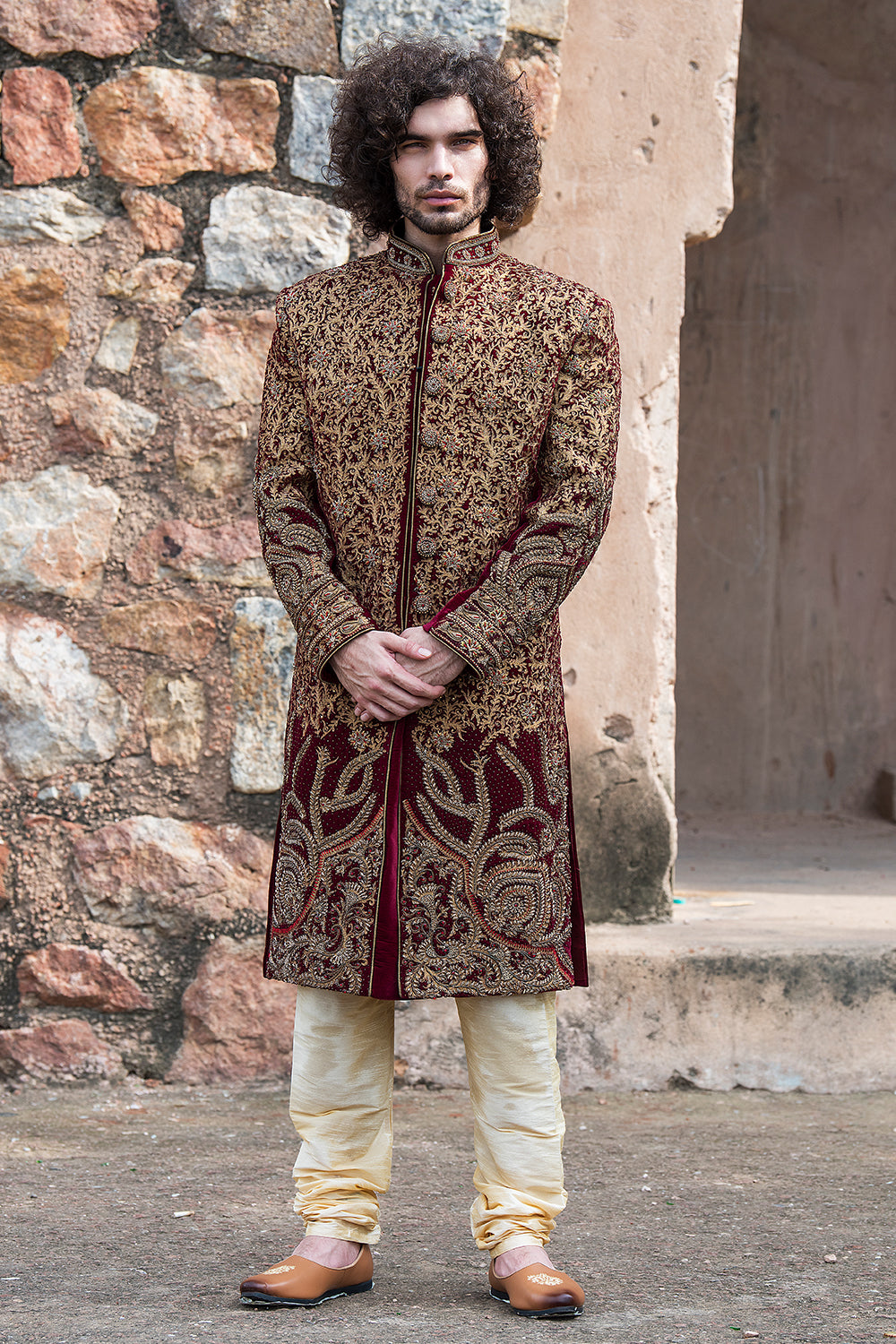 Maroon Velvet Sherwani With Aari Work