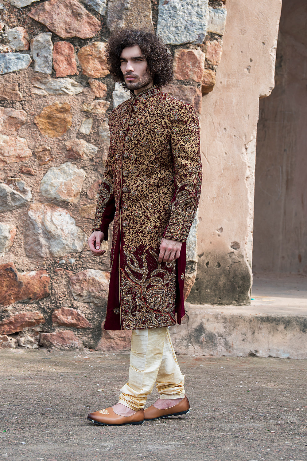 Maroon Velvet Sherwani With Aari Work