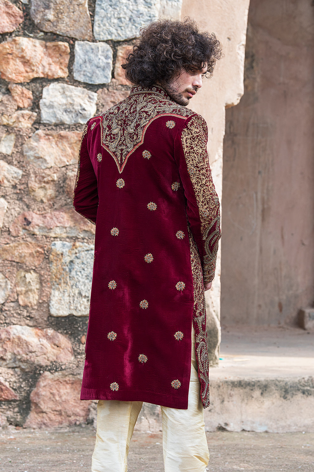 Maroon Velvet Sherwani With Aari Work