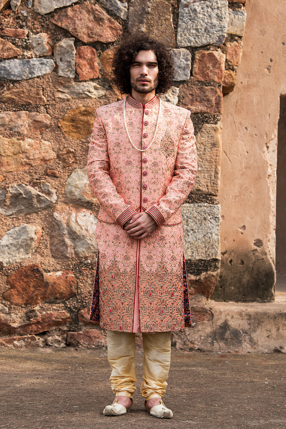 Pink Embroidered Jacket Styled Sherwani Set