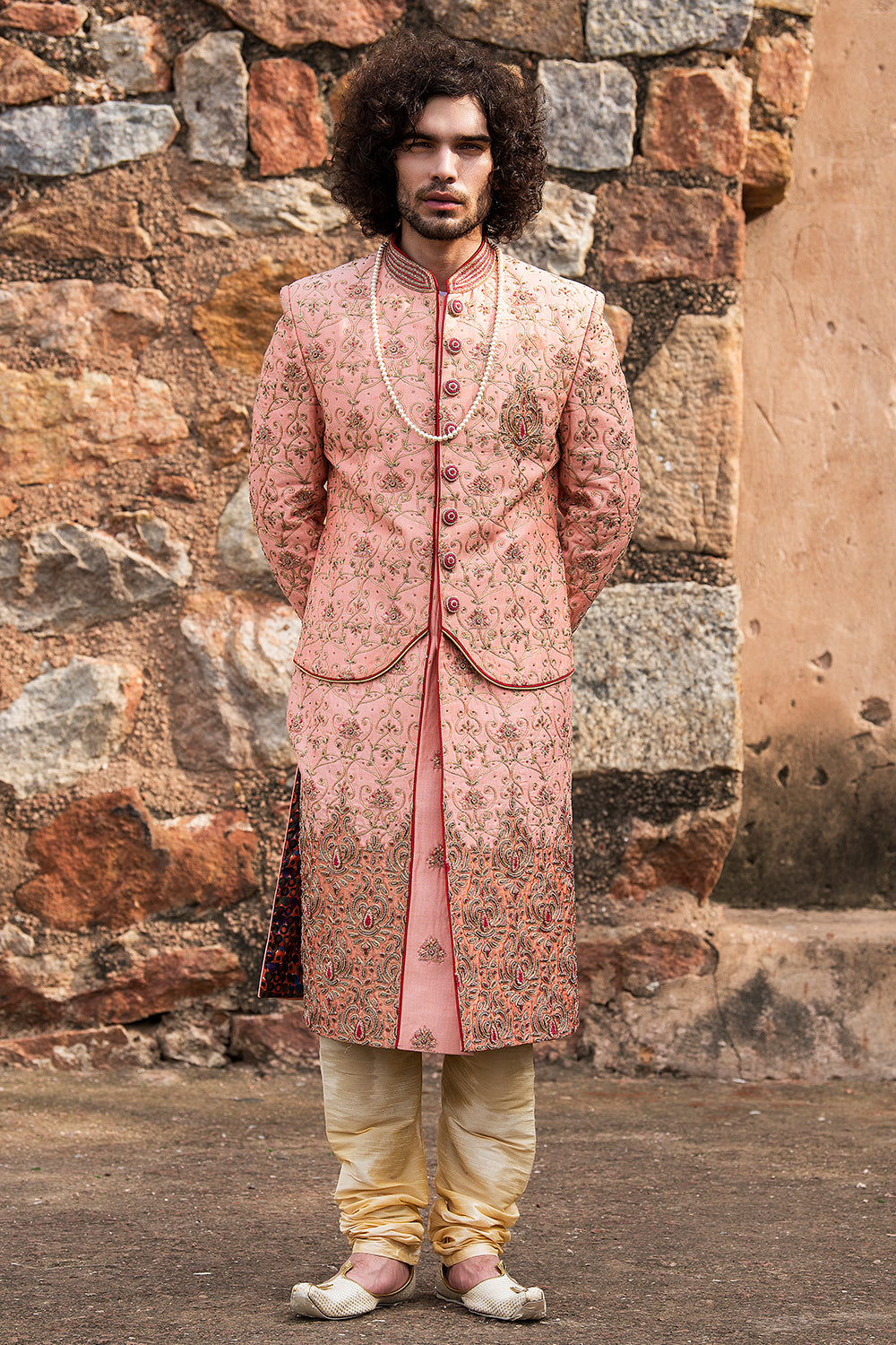 Pink Embroidered Jacket Styled Sherwani Set