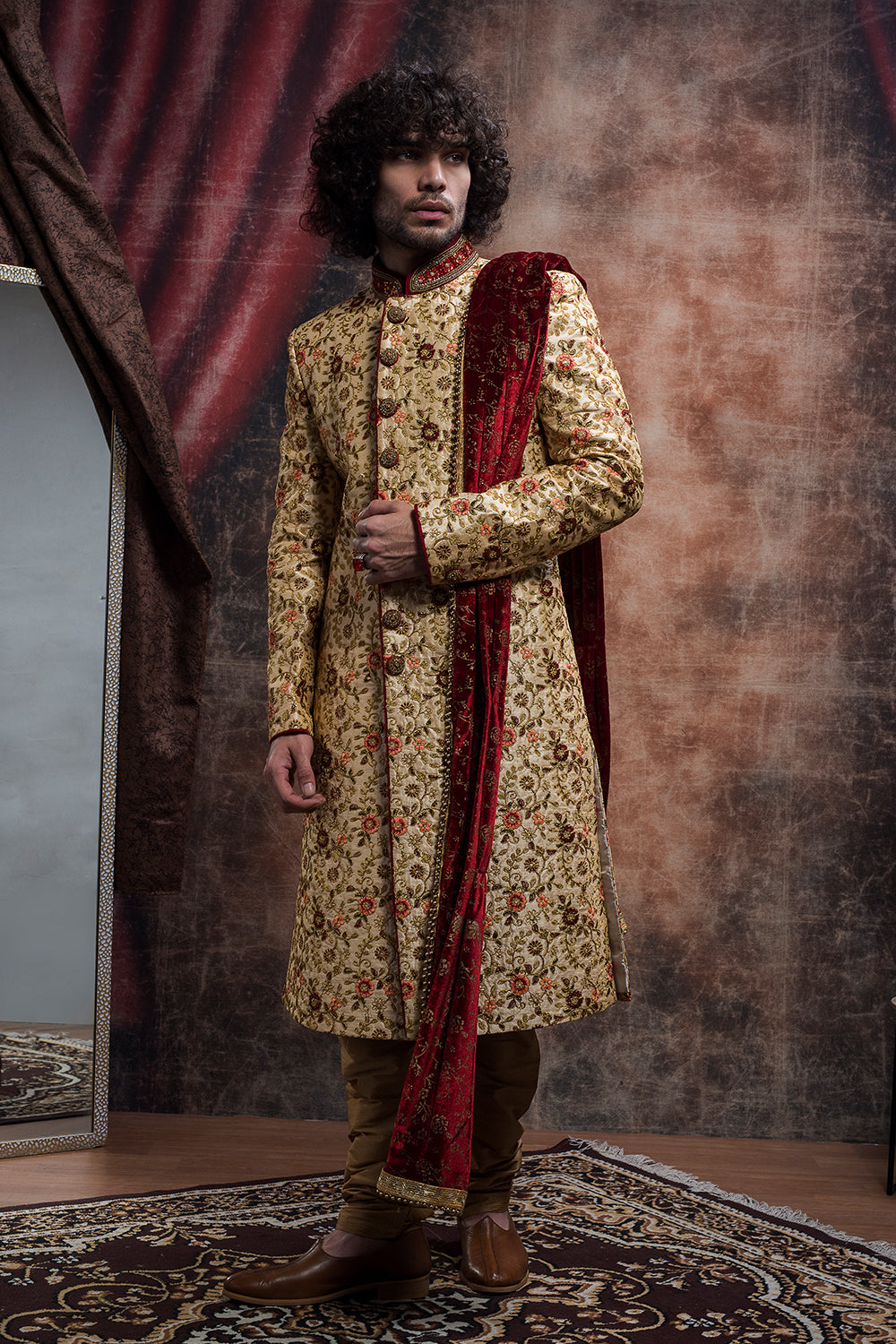 Raw Silk Multi Colored Sherwani And Churidar Set