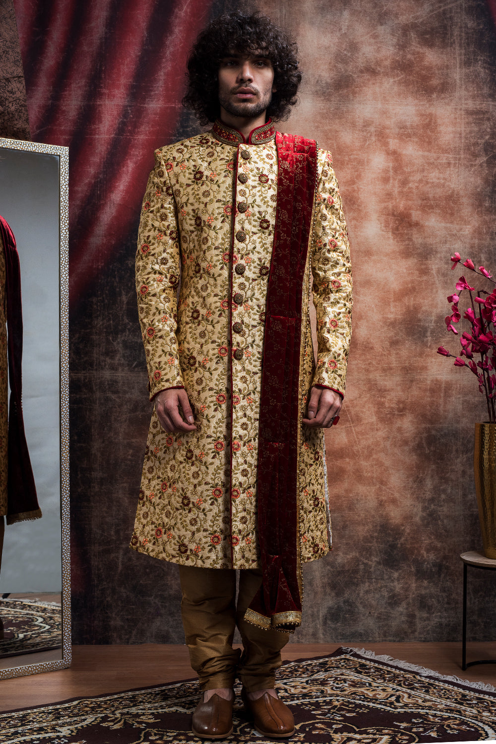 Raw Silk Multi Colored Sherwani And Churidar Set