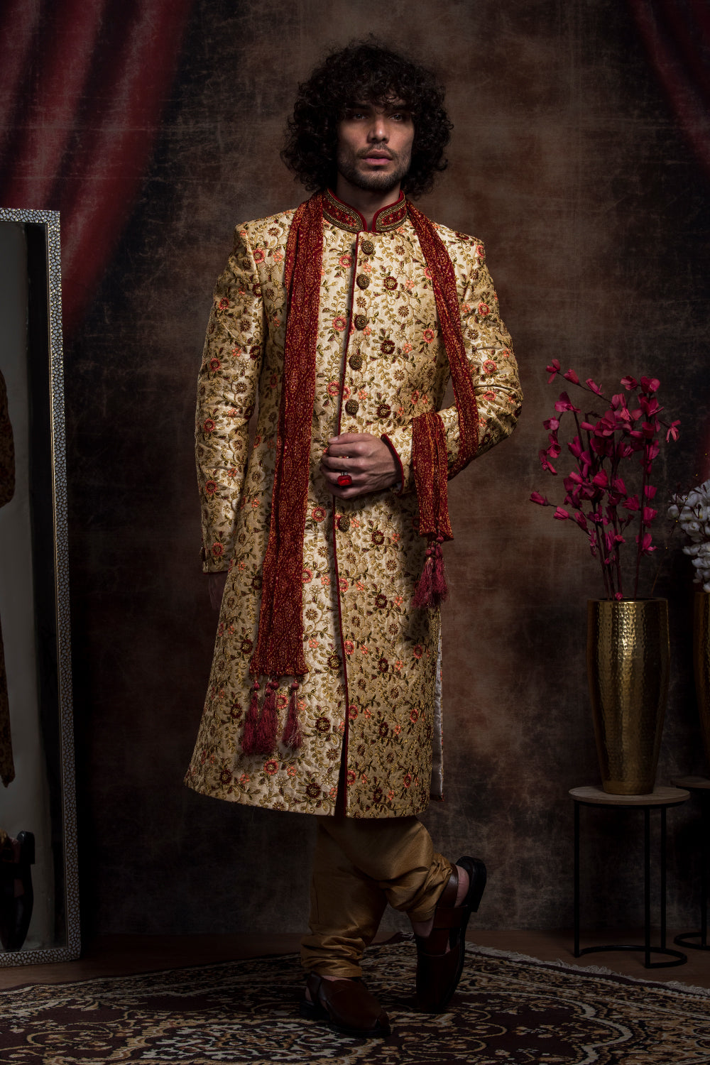 Raw Silk Multi Colored Sherwani And Churidar Set