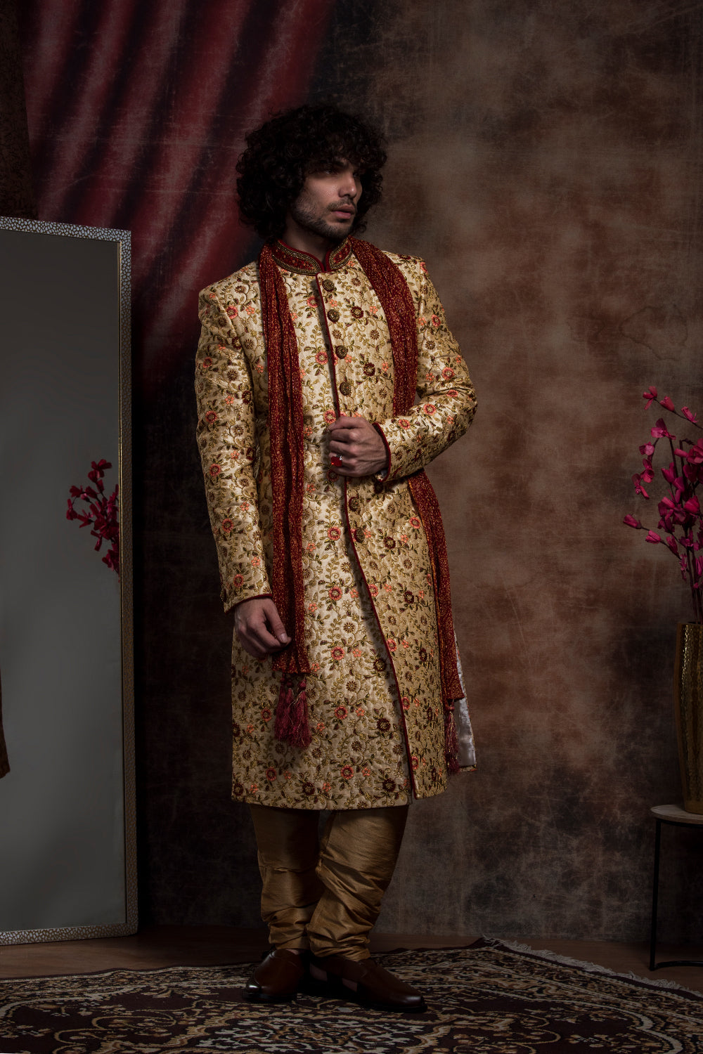 Raw Silk Multi Colored Sherwani And Churidar Set