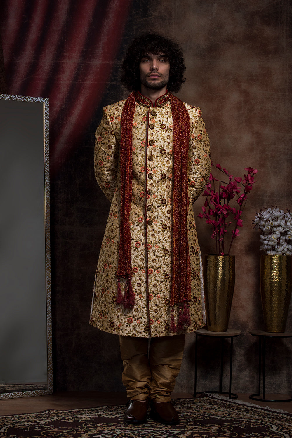 Raw Silk Multi Colored Sherwani And Churidar Set