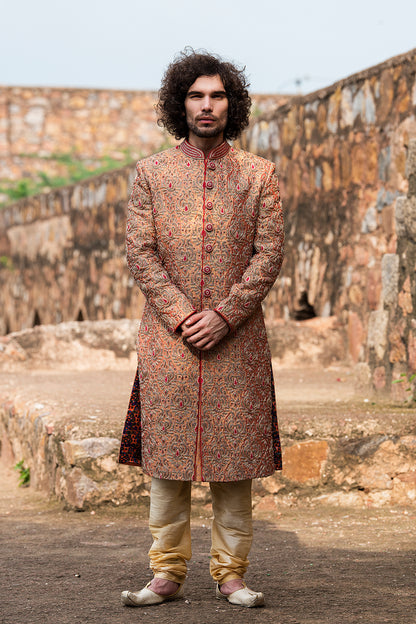 Coral Hand Embroidered Sherwani And Churidar Set