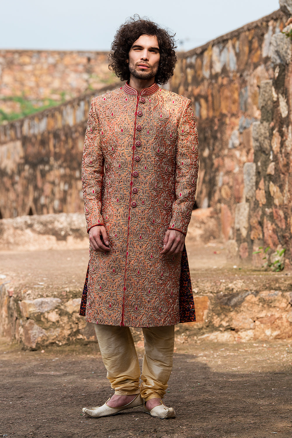 Coral Hand Embroidered Sherwani And Churidar Set