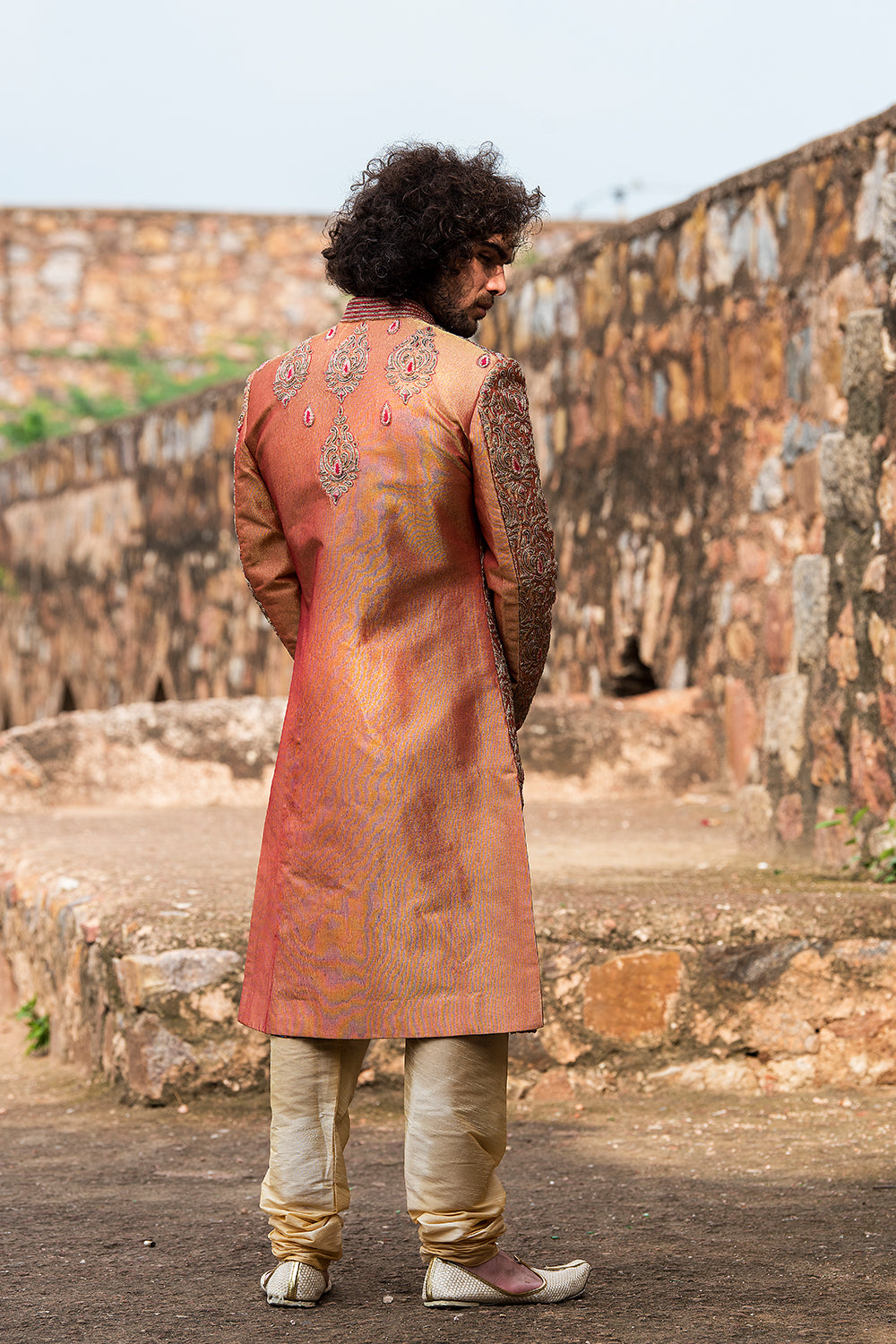 Coral Hand Embroidered Sherwani And Churidar Set