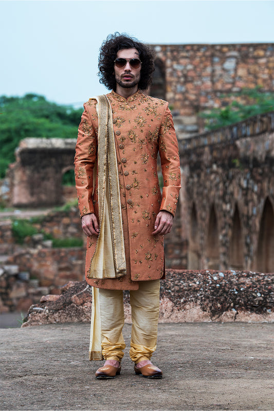 Hand Embroidered Asymettric Indowestern Sherwani Set